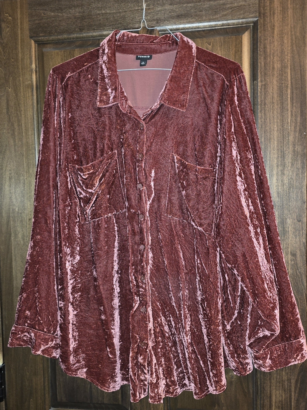 torrid Velvet Button-Down Shirt in Wine Red